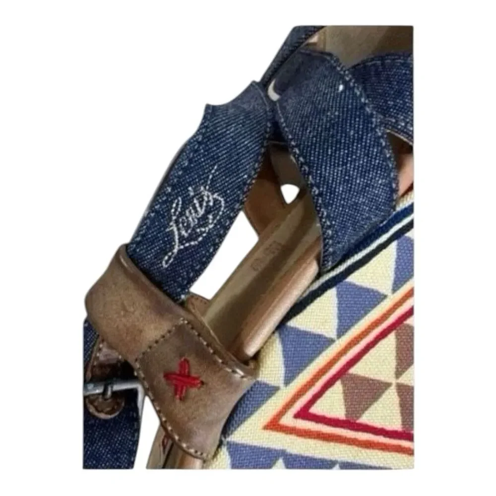 Levi’s Blue Canvas Wedge Sandals Size 8 Boho Crisscross Denim Strap Buckle Heels